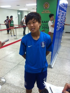 South Korea's Ji So-yun spekaing to the media after Saturday's game